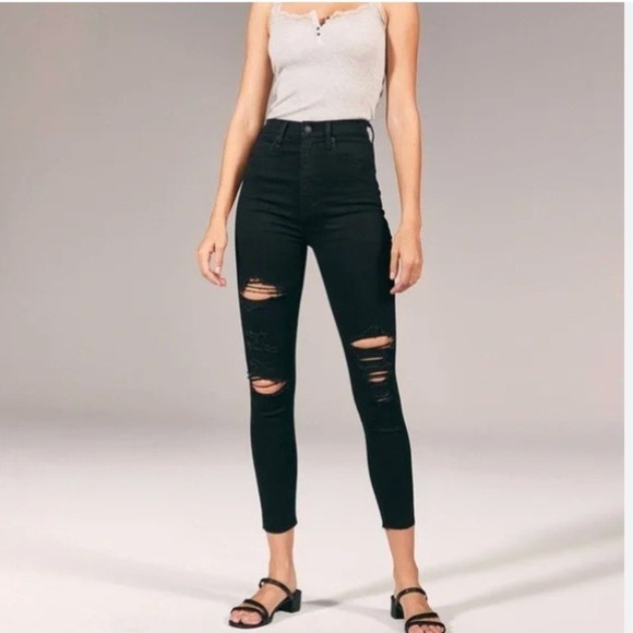 Abercrombie & Fitch Denim - Abercrombie & Fitch Simone High Rise Slim Distressed Black Jeans 28 6 Raw Hem